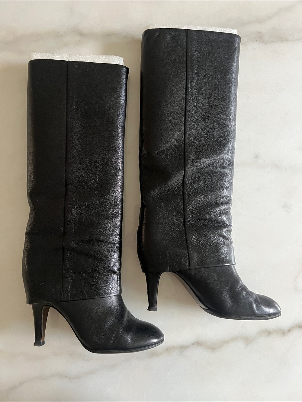 Ash Black Leather Fold-Over Knee-High Heeled Boots